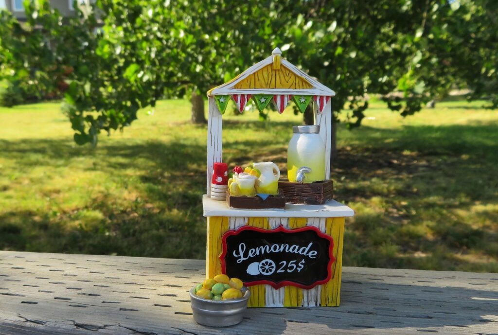 lemonade stand, lemonade, summer, beverage, drink, fresh, lemon, nature, yellow, citrus, refreshment, homemade