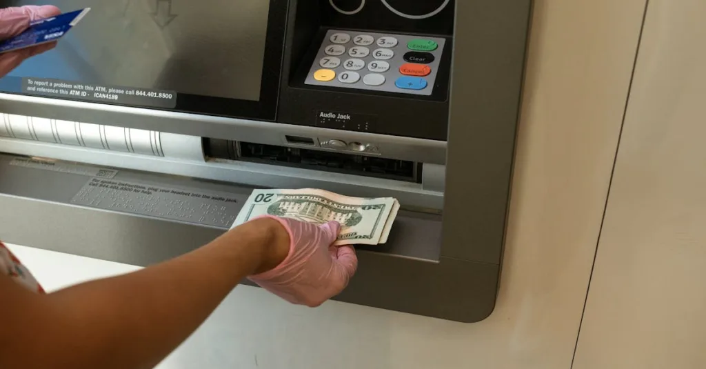 A person wearing gloves withdrawing cash from an ATM machine showcasing money handling and hygiene.